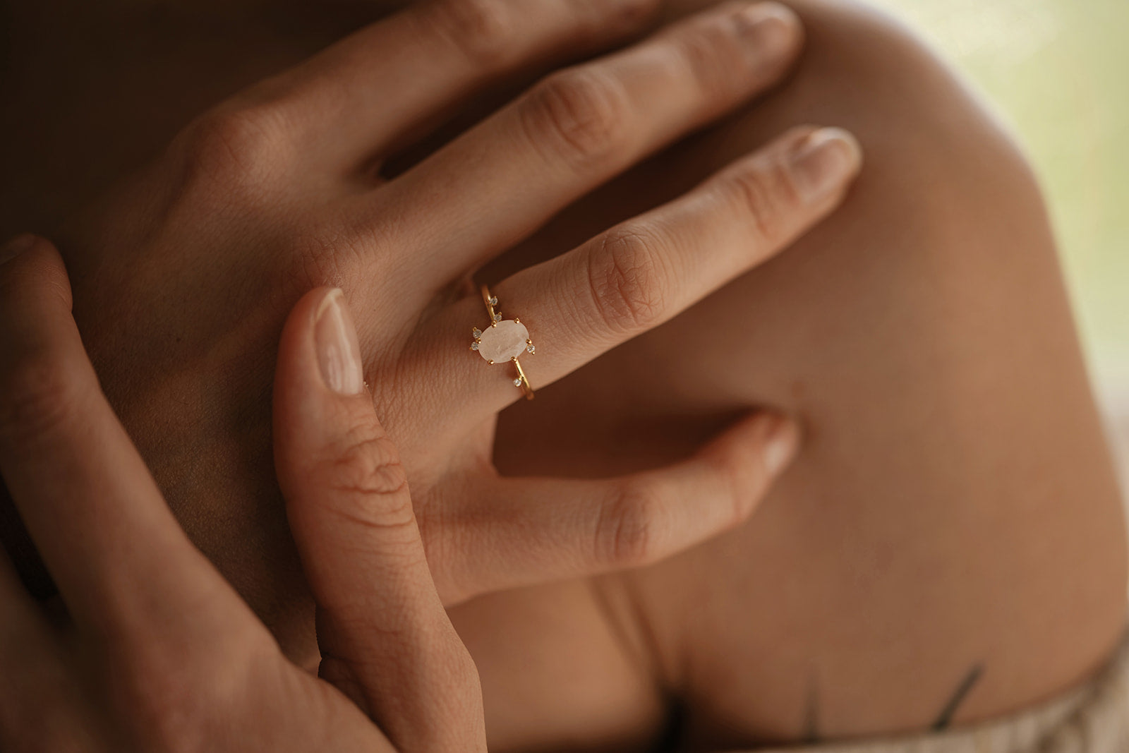 Temple of Rose Ring with Rainbow Moonstone and White Topaz